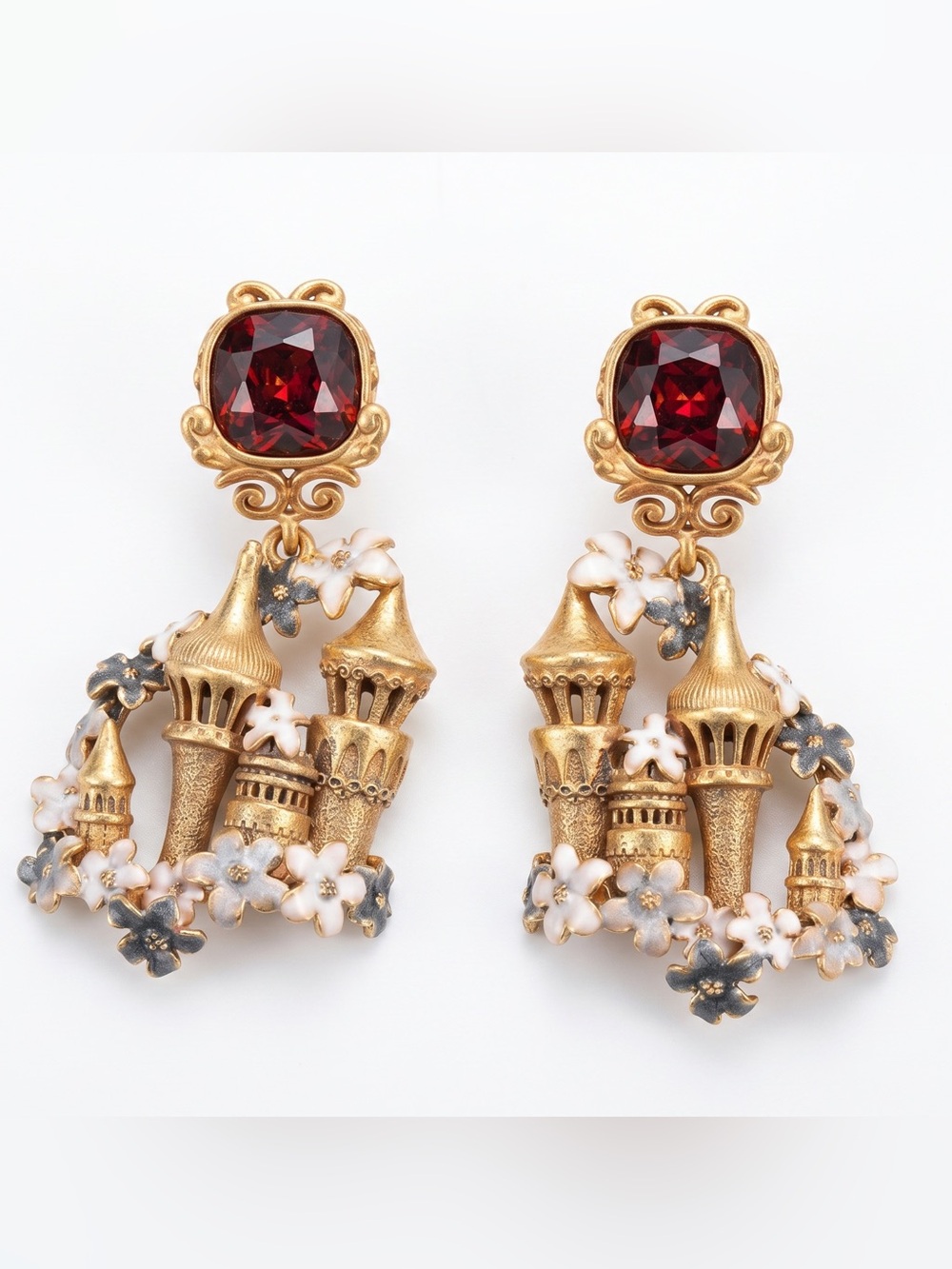 Gold and Red Castle Drop Earrings
